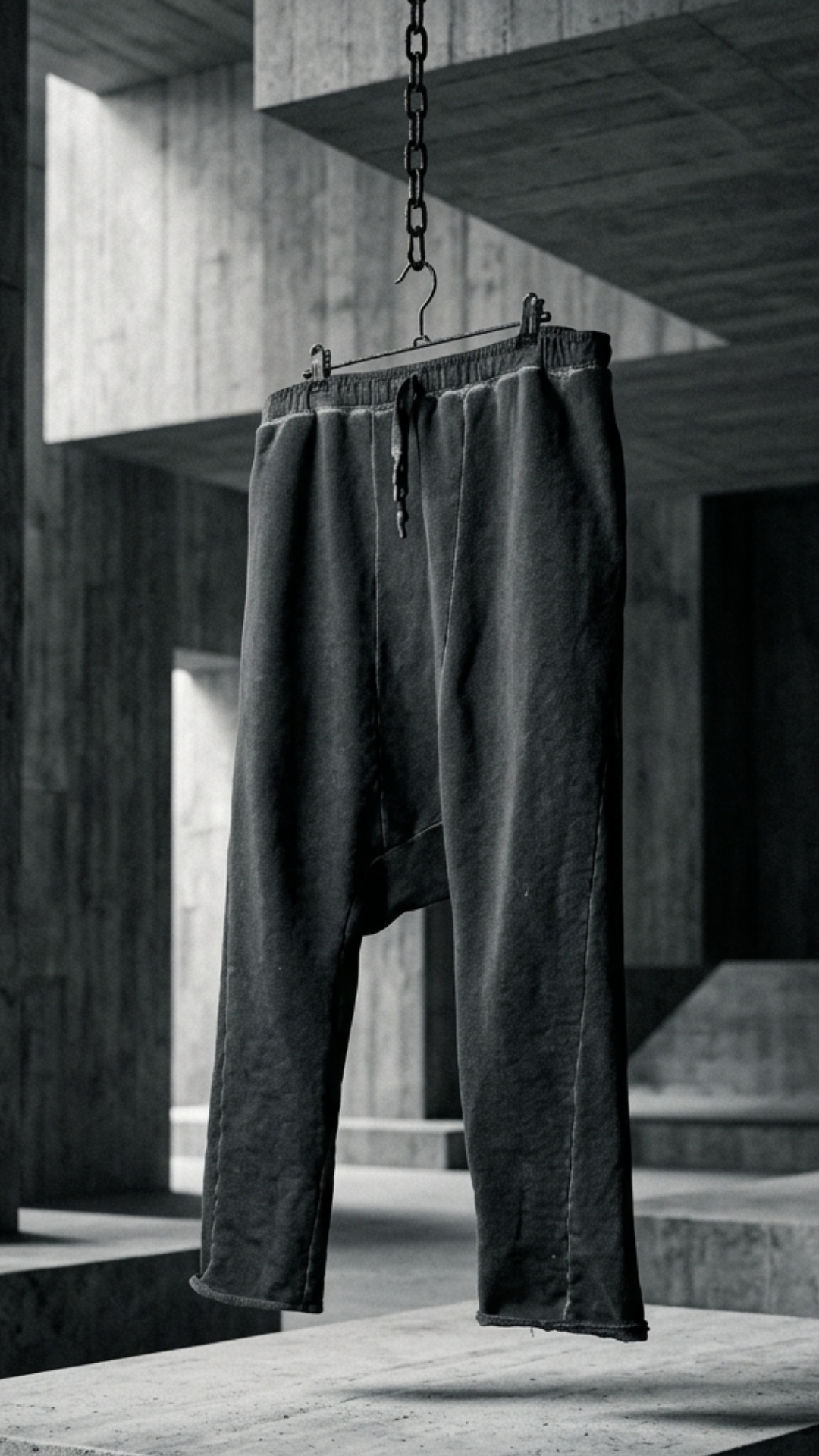 Dark pants hanging on a hook against a modern architectural background